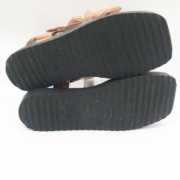 ZARA Bow Velcro Tan Flat Neutral Beige Square Toe Sandals Womens 6.5 - Picture 12 of 12